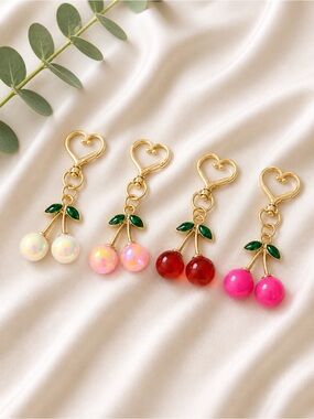 Cherry Keychain Gold Heart Clip Cute Bag Charm Y2K Coquette Kawaii Accessory